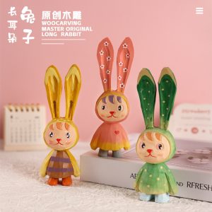手工木雕长耳朵兔系列跨境木制工艺品小兔子桌面车载摆件卡通可爱